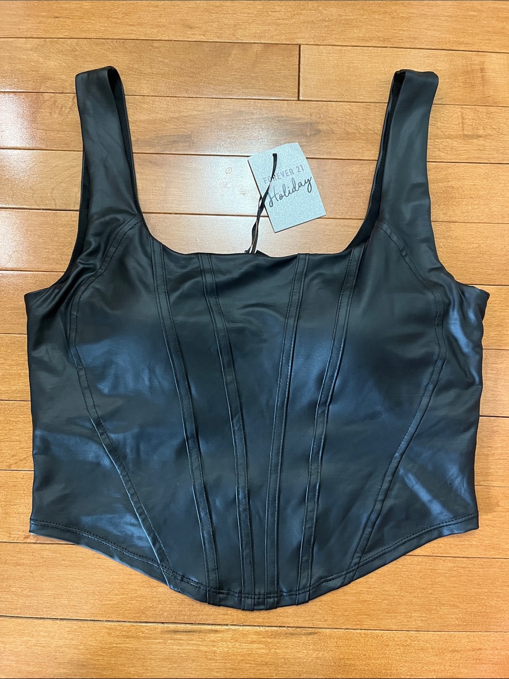 Forever 21 Black Faux Leather Corset-Style Cropped Tank With Built-in Bra